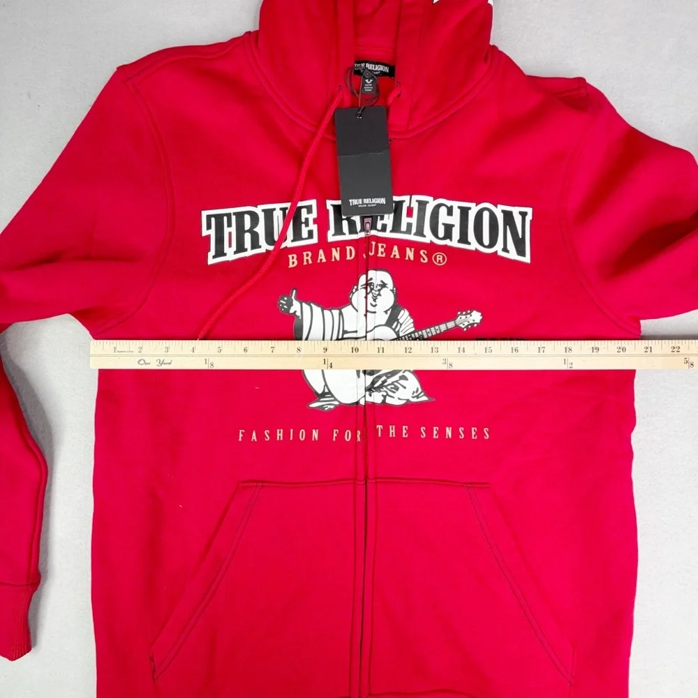 True Religion Full-Zip Fleece-Lined Hoodie Buddha Icon Men’s M Red Streetwear